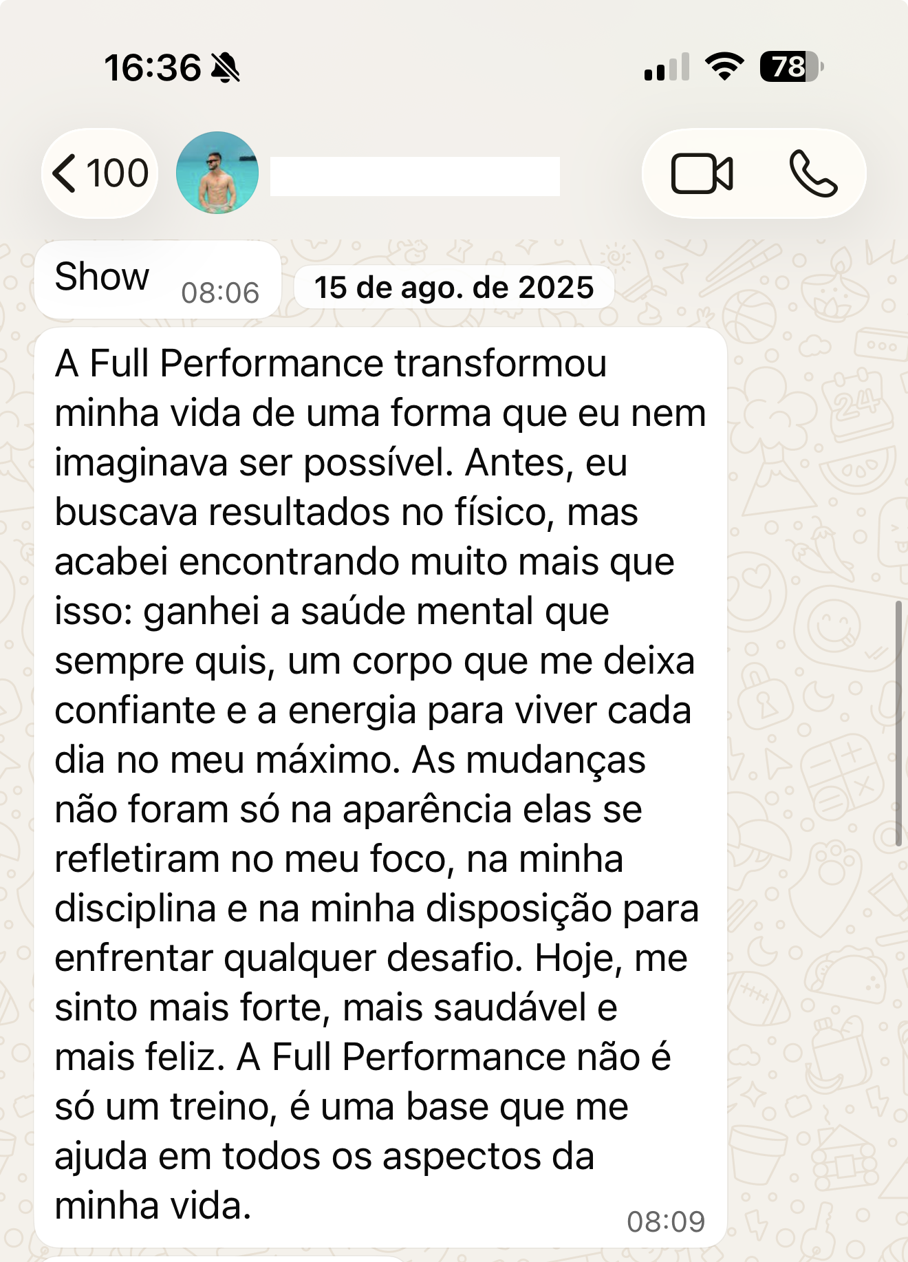 Captura de tela de mensagem com depoimento enviado por aluno(a) da Full Performance